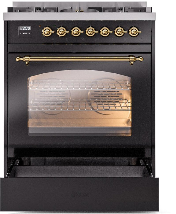 ILVE Nostalgie II 30" Dual Fuel Liquid Propane Range, Glossy Black, Brass Trim UP30NMPBKGLP