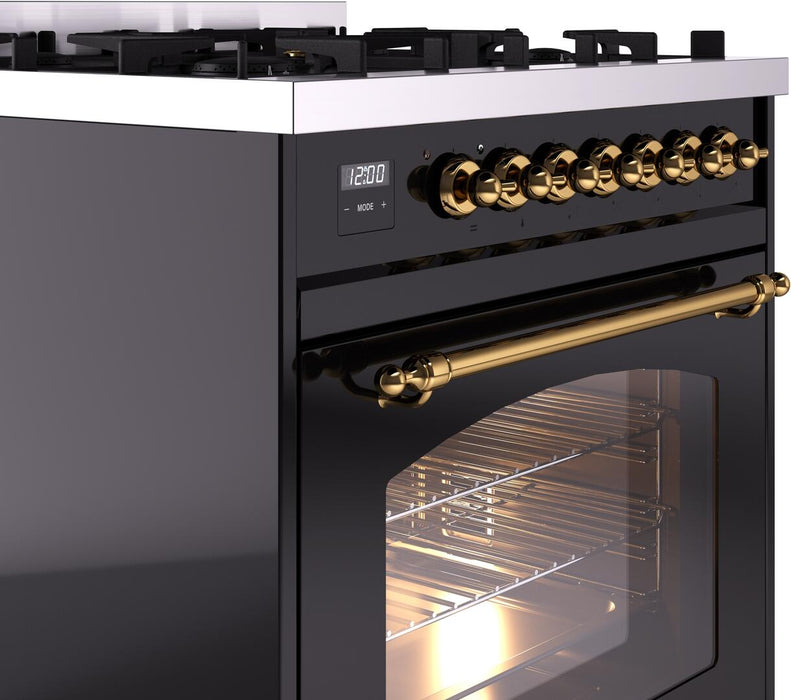 ILVE Nostalgie II 30" Dual Fuel Liquid Propane Range, Glossy Black, Brass Trim UP30NMPBKGLP