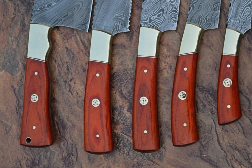 5 Piece Damascus Kitchen Knife Set with Rosewood Handles, Cleaver Bread Chef Utility and Paring Knives, Handmade Professional Cooking Set