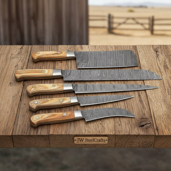 5-Piece Full Tang Damascus Kitchen Knife Set — Chinese Cleaver, Long Slicer & Olive Wood Handles