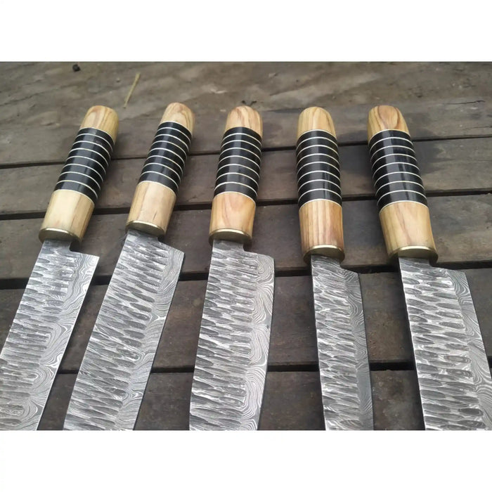 5 Piece Damascus Chef Knife Set | Handmade Kitchen Knives Olive Wood & Resin Handles