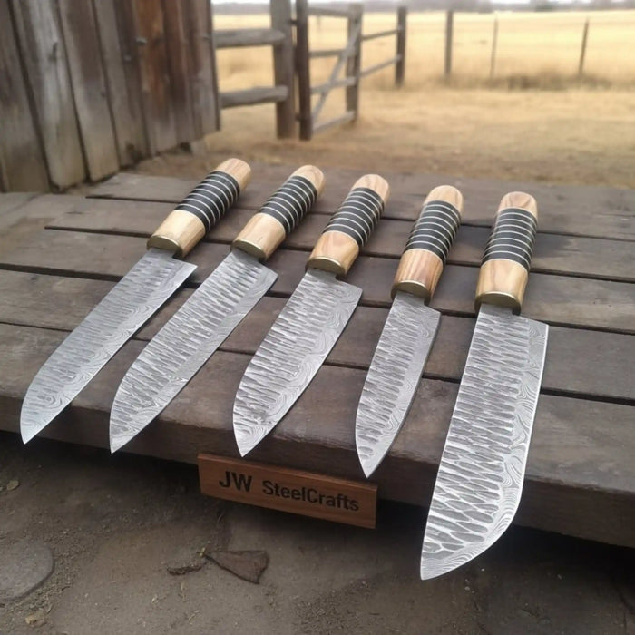 5 Piece Damascus Chef Knife Set | Handmade Kitchen Knives Olive Wood & Resin Handles
