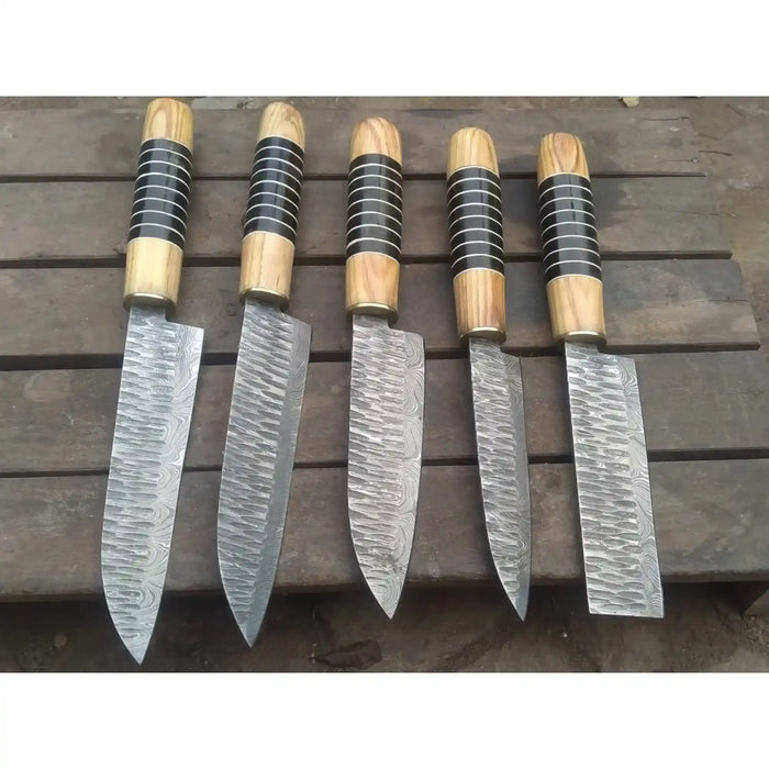 5 Piece Damascus Chef Knife Set | Handmade Kitchen Knives Olive Wood & Resin Handles