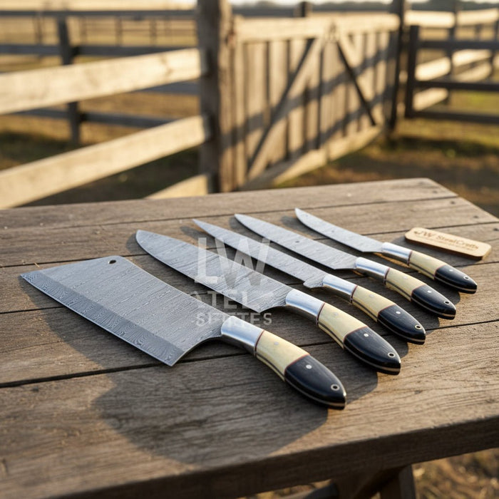 5-Piece Handmade Damascus Chef Knife Set with Wood and Resin Handles
