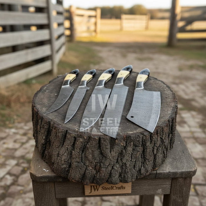 5-Piece Handmade Damascus Chef Knife Set with Wood and Resin Handles