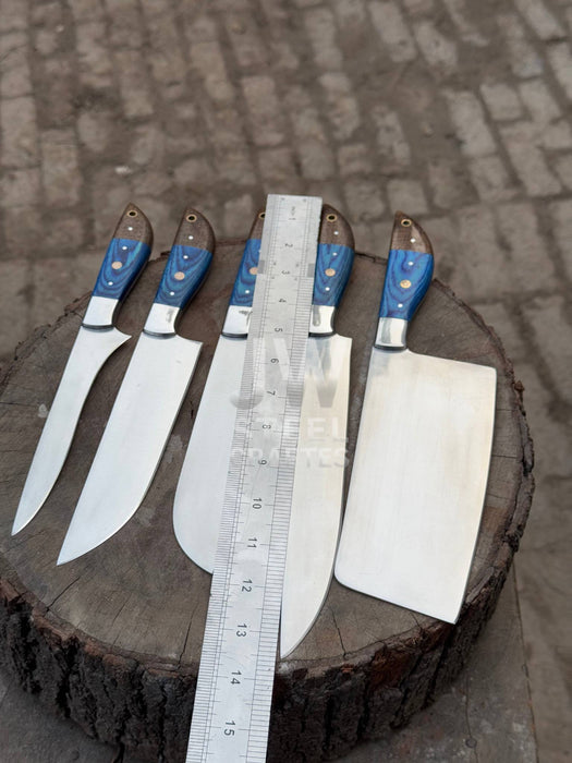 5-Pc Handmade Chef Knives — Blue Pakka Wood Handles, Stainless Blades (Cleaver + Prep Set)
