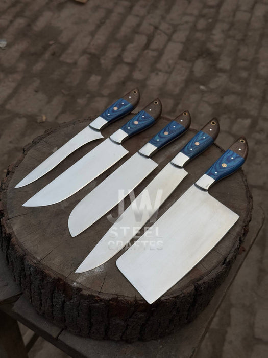 5-Pc Handmade Chef Knives — Blue Pakka Wood Handles, Stainless Blades (Cleaver + Prep Set)