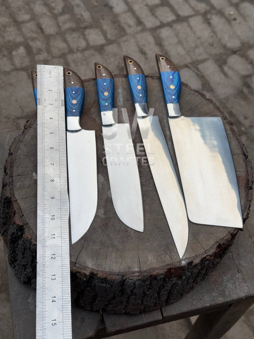 5-Pc Handmade Chef Knives — Blue Pakka Wood Handles, Stainless Blades (Cleaver + Prep Set)