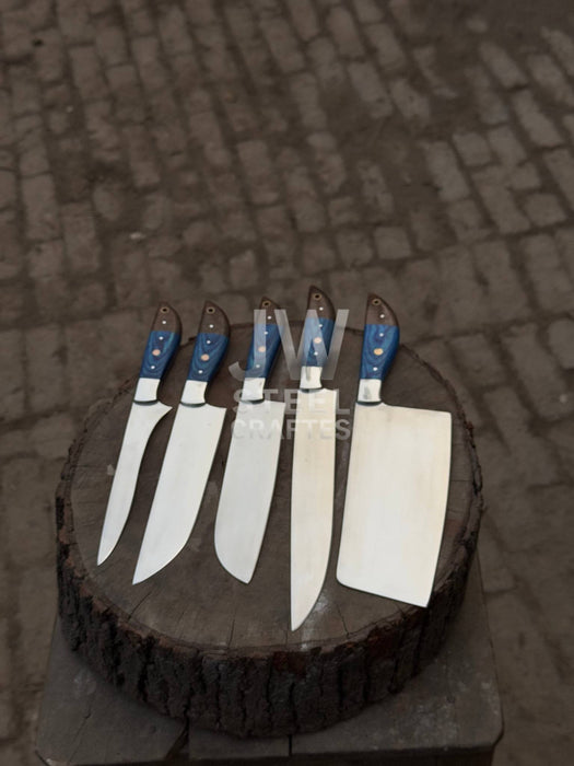 5-Pc Handmade Chef Knives — Blue Pakka Wood Handles, Stainless Blades (Cleaver + Prep Set)