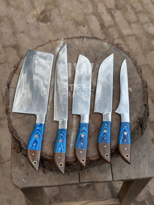 5-Pc Handmade Chef Knives — Blue Pakka Wood Handles, Stainless Blades (Cleaver + Prep Set)