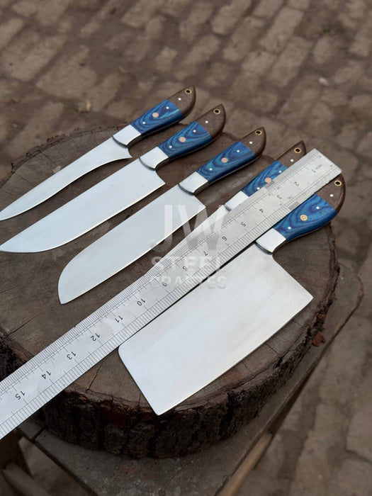 5-Pc Handmade Chef Knives — Blue Pakka Wood Handles, Stainless Blades (Cleaver + Prep Set)