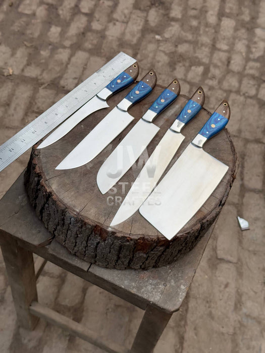 5-Pc Handmade Chef Knives — Blue Pakka Wood Handles, Stainless Blades (Cleaver + Prep Set)