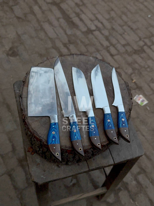 5-Pc Handmade Chef Knives — Blue Pakka Wood Handles, Stainless Blades (Cleaver + Prep Set)