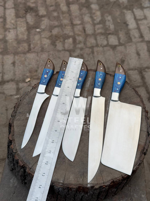 5-Pc Handmade Chef Knives — Blue Pakka Wood Handles, Stainless Blades (Cleaver + Prep Set)