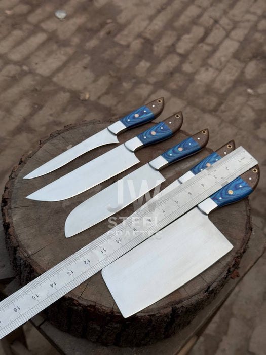 5-Pc Handmade Chef Knives — Blue Pakka Wood Handles, Stainless Blades (Cleaver + Prep Set)