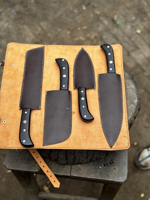 5-Piece Stainless Steel Chef Knife Set with Leather Roll | Ebony Wood Handle Knives