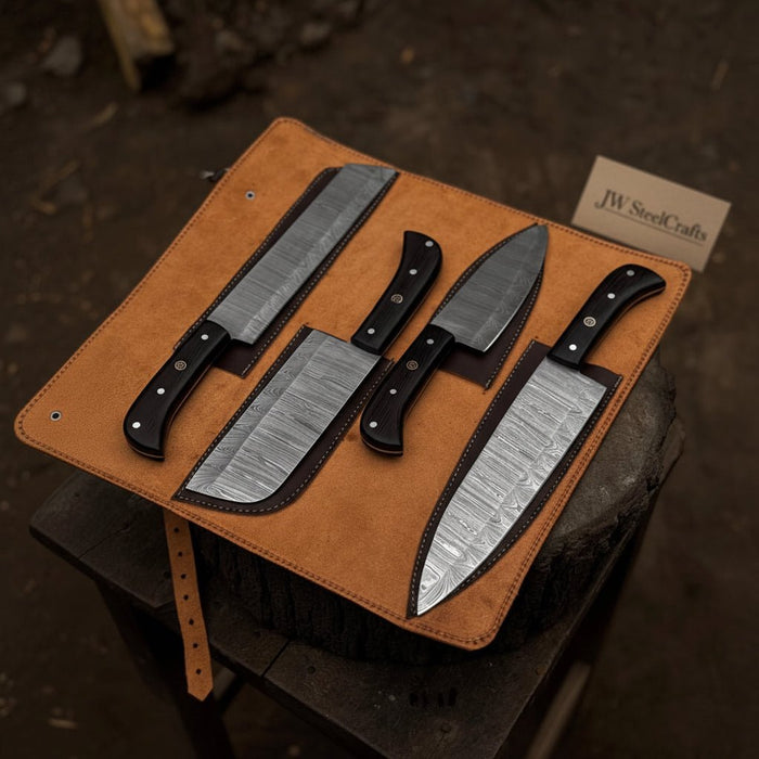 5-Piece Stainless Steel Chef Knife Set with Leather Roll | Ebony Wood Handle Knives
