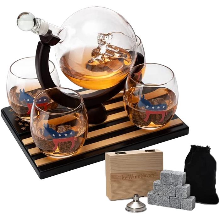 Democratic Party Wine & Whiskey Decanter Set, Proud Democrat Vote Blue Election Decor, Washington DC Politics Gift, 750ml With US Flag and 4 Glasses - Donkey Logo, DNC Gifts, Senate, House & President
