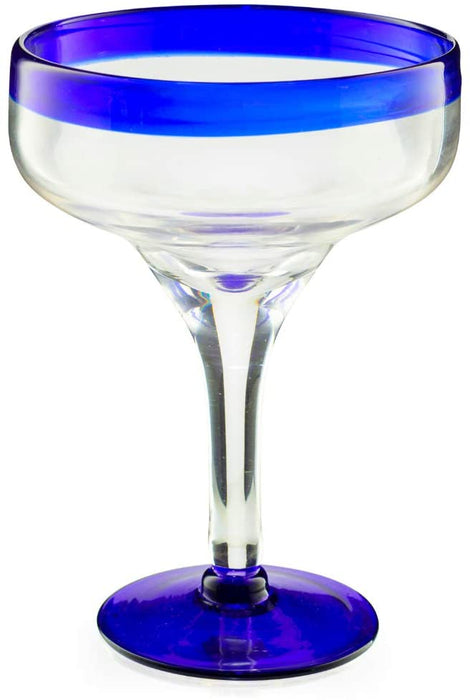 Mexican Hand Blown Glass – Set of 4 Large 16oz, Cobalt Blue Rim Line, Luxury Margarita & Cocktail Glasses, Mexico Design Large 16oz Cobalt Cinco de Mayo - The Wine Savant, Dishwasher Safe Glassware