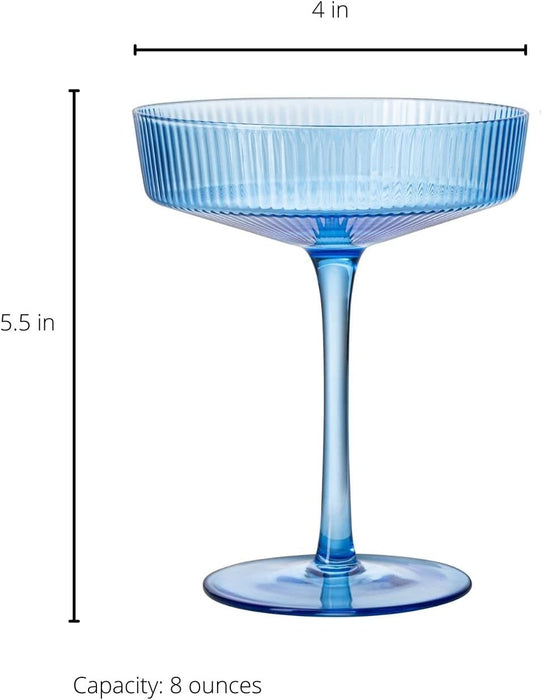 Ribbed Coupe Cocktail Glasses 8 oz | Set of 2 | Classic Manhattan Glasses For Cocktails, Champagne Coupe, Ripple Coupe Glasses, Art Deco Gatsby Vintage, Crystal with Stems (Blue, Set of 2)