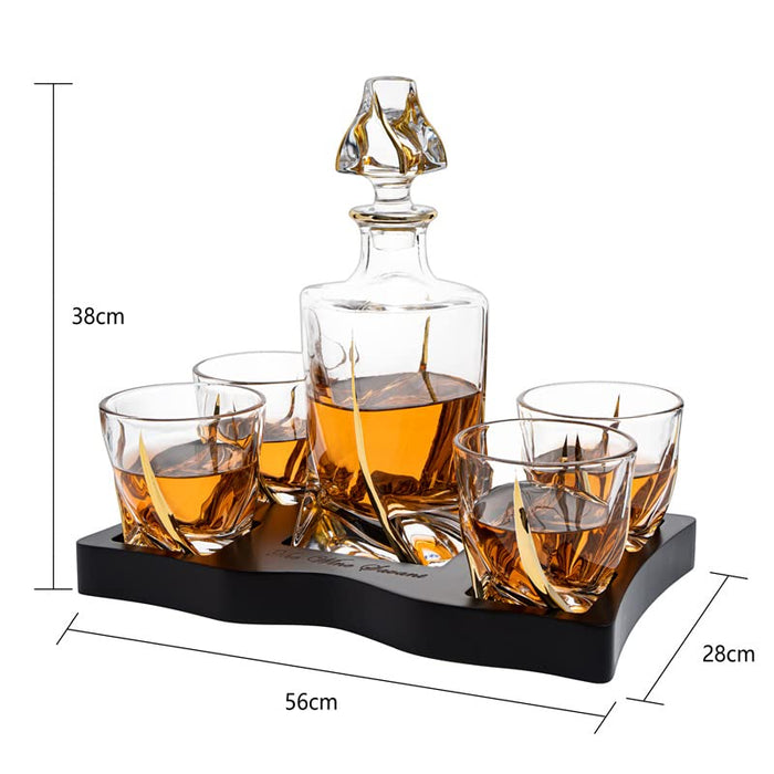 European Style Gold Wine & Whiskey Gold Twist Spiral Decanter 855ml with 4 Glasses & Wood Tray Set by The Wine Savant - For Home Bar Liquor, Spirits, Scotch, & Bourbon Gift for Him