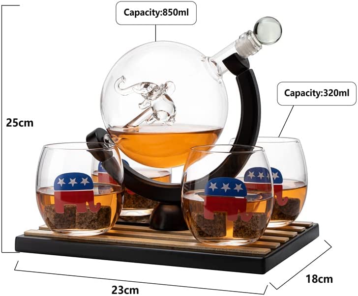Republican Party Wine & Whiskey Decanter Set, Proud Republicans Vote Red Election Decor, Washington DC Politics Gift, 750ml US Flag & 4 Glasses - Elephant Logo, RNC Gifts, Senate, House & President