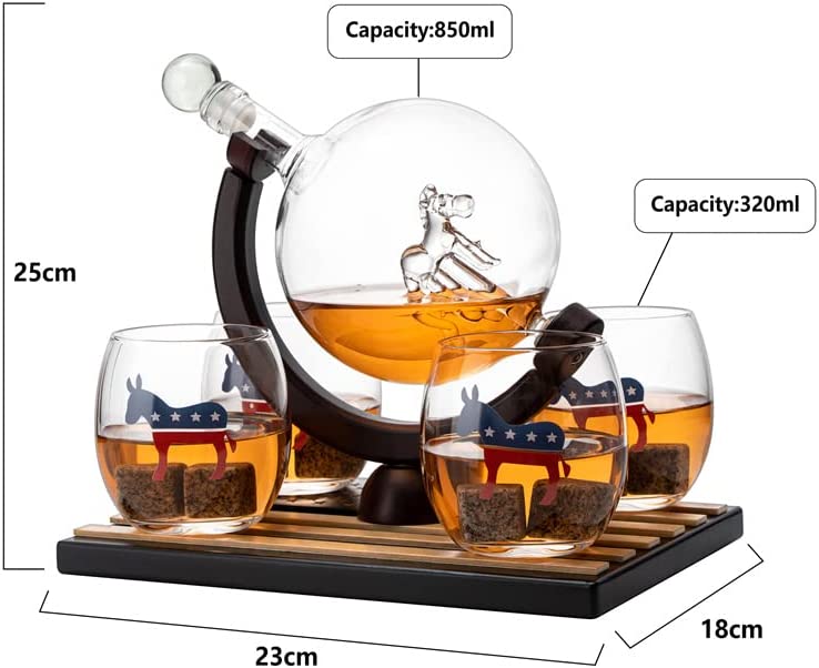 Democratic Party Wine & Whiskey Decanter Set, Proud Democrat Vote Blue Election Decor, Washington DC Politics Gift, 750ml With US Flag and 4 Glasses - Donkey Logo, DNC Gifts, Senate, House & President