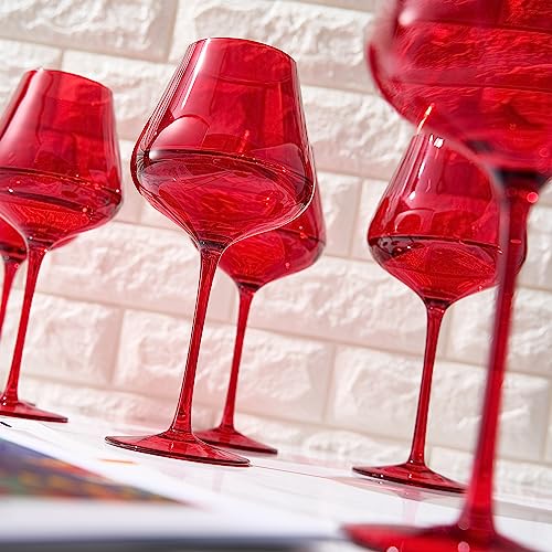 Colored Crystal Wine Glass Set of 6 - Large 20 oz Glasses (Bright Red)