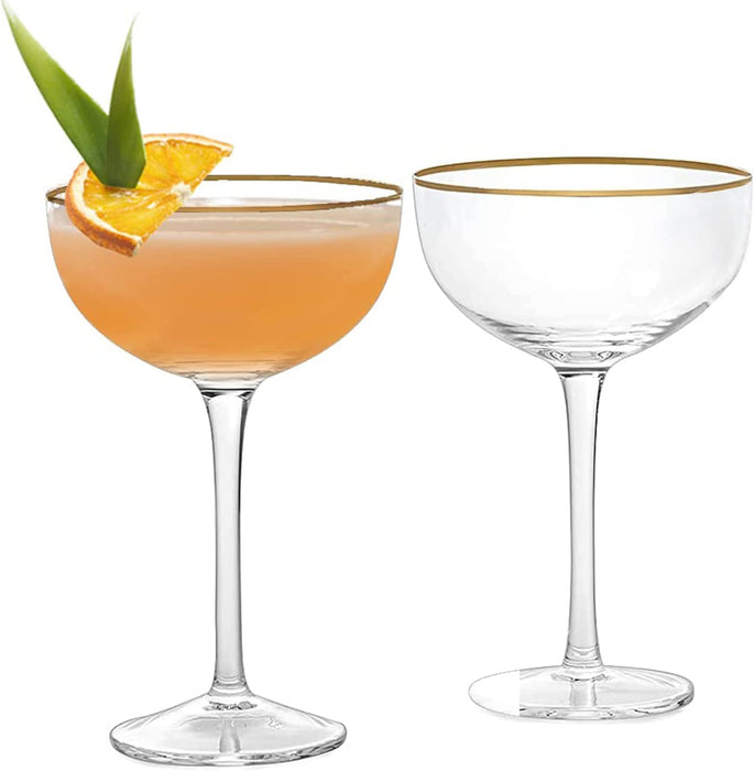 Vintage Crystal Champagne Coupe Gold Rim Glasses | Set of 2 | 7 oz, Gilded Rim Classic Cocktail Glassware - Martini, Manhattan, Cosmopolitan, Sidecar, Daiquiri | 1920s Style Saucer Goblets | Gift Box