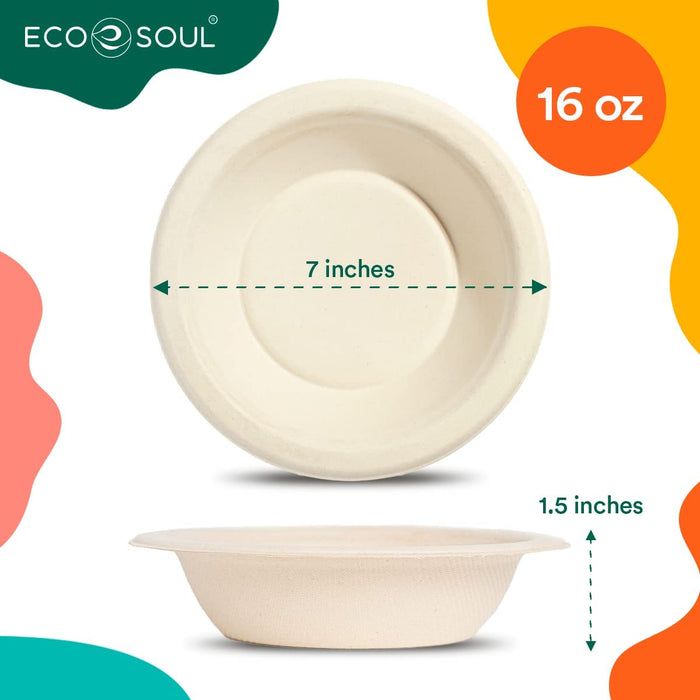 ECOSOUL 16oz Biodegradable Round Bowls, 50 Count Bagasse (Case of 8)
