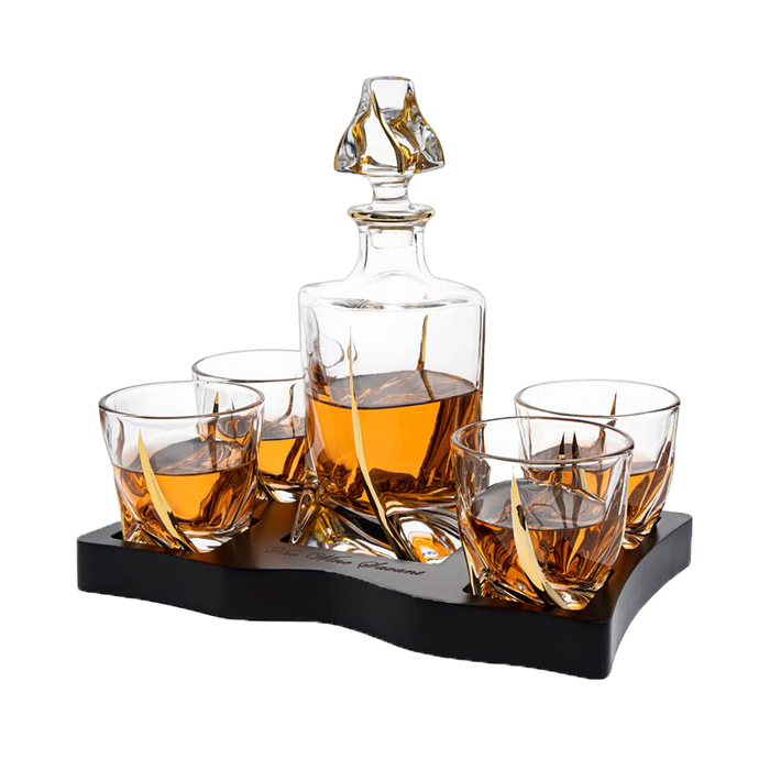 European Style Gold Wine & Whiskey Gold Twist Spiral Decanter 855ml with 4 Glasses & Wood Tray Set by The Wine Savant - For Home Bar Liquor, Spirits, Scotch, & Bourbon Gift for Him