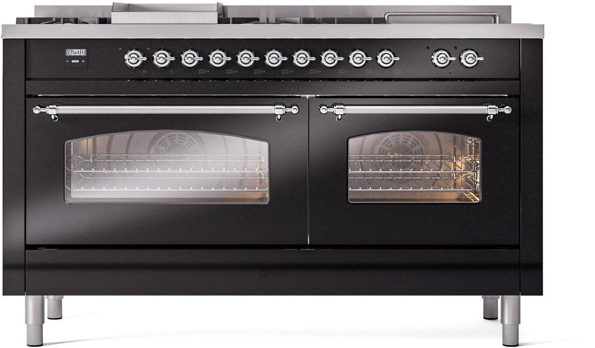 ILVE Nostalgie II 60" Dual Fuel Natural Gas Range, Glossy Black, Chrome Trim UP60FSNMPBKC