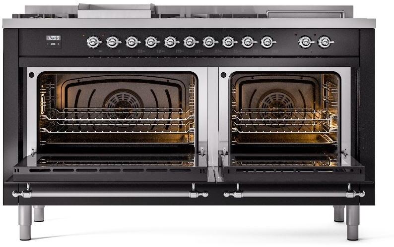 ILVE Nostalgie II 60" Dual Fuel Natural Gas Range, Glossy Black, Chrome Trim UP60FSNMPBKC