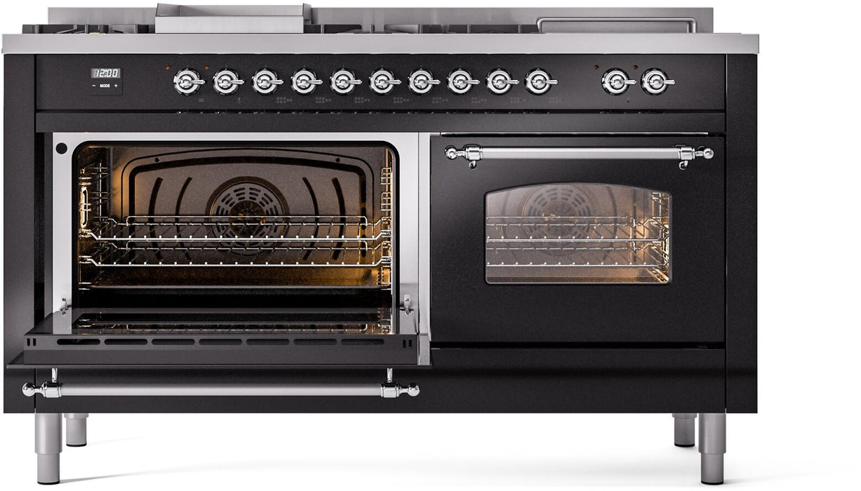 ILVE Nostalgie II 60" Dual Fuel Natural Gas Range, Glossy Black, Chrome Trim UP60FSNMPBKC