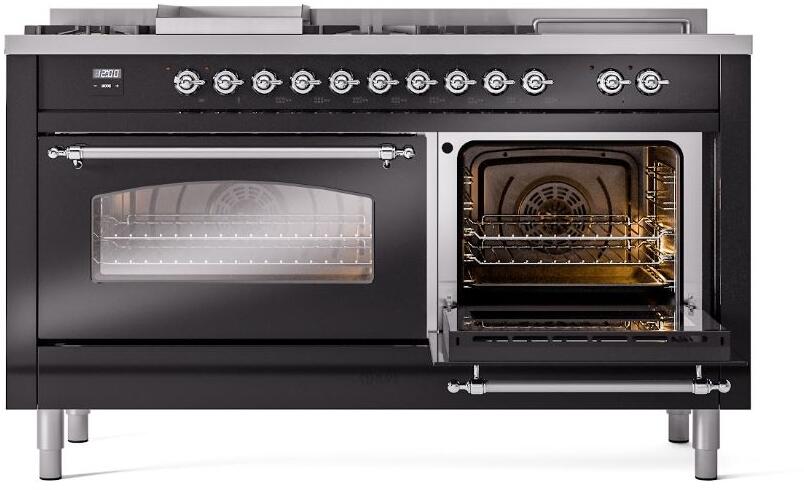 ILVE Nostalgie II 60" Dual Fuel Natural Gas Range, Glossy Black, Chrome Trim UP60FSNMPBKC