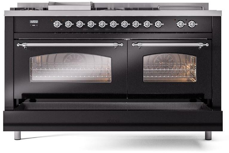 ILVE Nostalgie II 60" Dual Fuel Natural Gas Range, Glossy Black, Chrome Trim UP60FSNMPBKC
