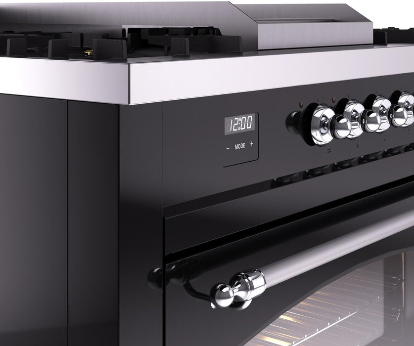 ILVE Nostalgie II 60" Dual Fuel Natural Gas Range, Glossy Black, Chrome Trim UP60FSNMPBKC