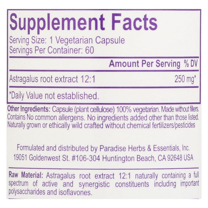 Paradise Herbs Astragalus Vegetarian Capsules, Pack of 60
