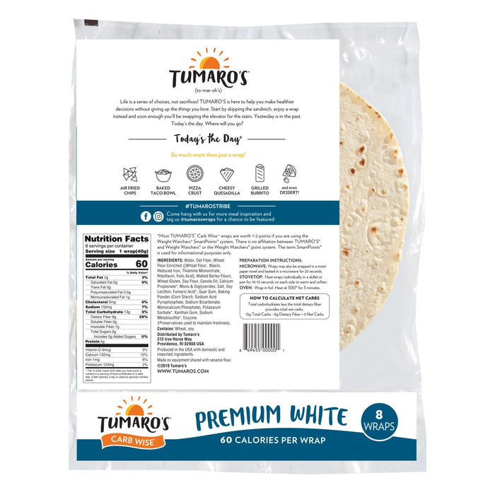 Tumaro's 8-Inch Premium White Carb-Wise Wraps, Six 8-Count Packs