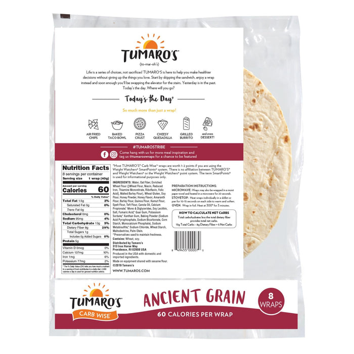 Tumaro's Carb Wise Ancient Grain Wraps, 8-Inch, 48 Count