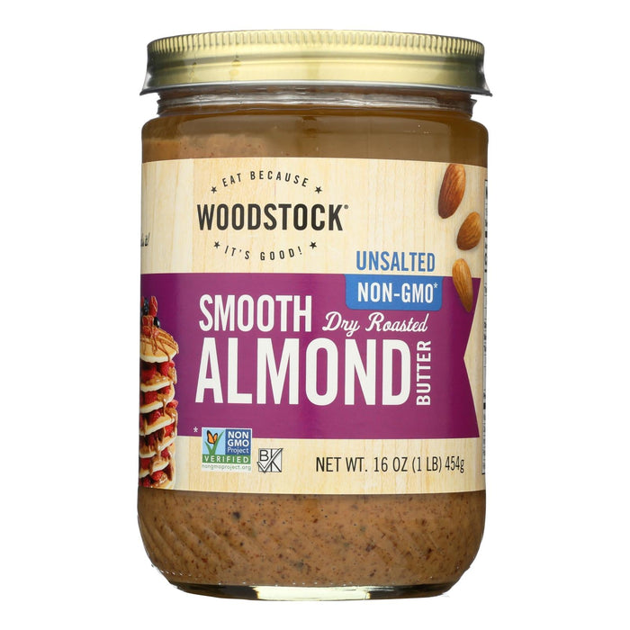 Woodstock Unsalted Non-GMO Smooth Peanut-Free Dry Roasted Almond Butter, Case of 12 - 16 oz
