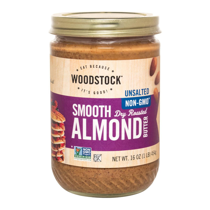 Woodstock Unsalted Non-GMO Smooth Peanut-Free Dry Roasted Almond Butter, Case of 12 - 16 oz
