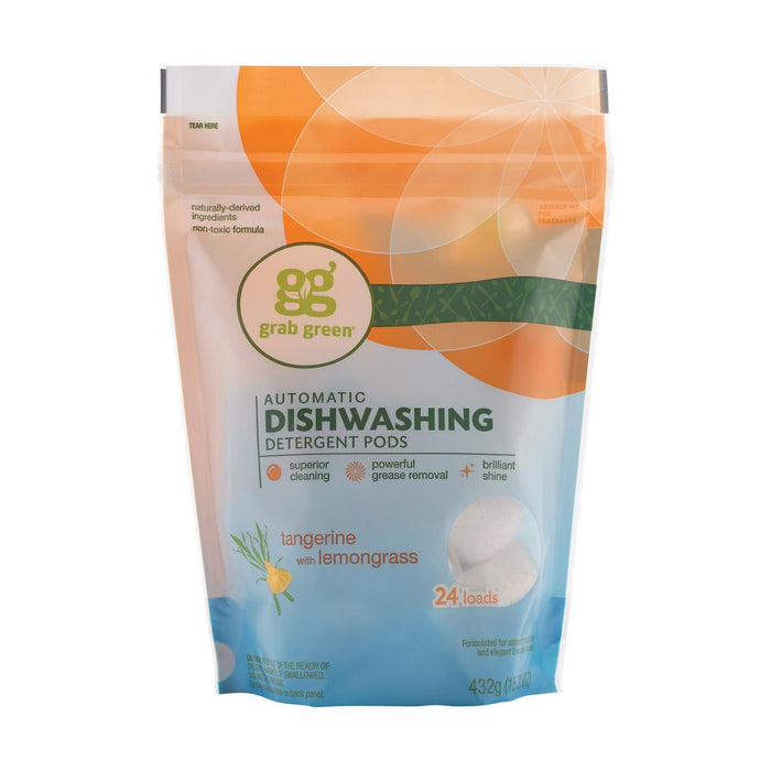 Grab Green Automatic Dishwasher Pods - Tangerine With Lemongrass Scent (Pack of 6, 24 Pods)