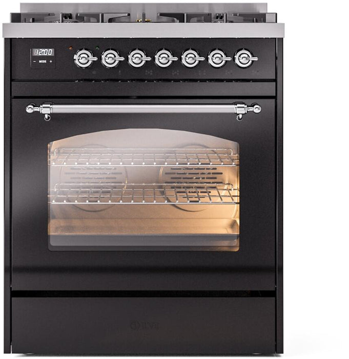 ILVE Nostalgie II 30" Dual Fuel Liquid Propane Range, Glossy Black, Chrome Trim ILVE UP30NMPBKCLP
