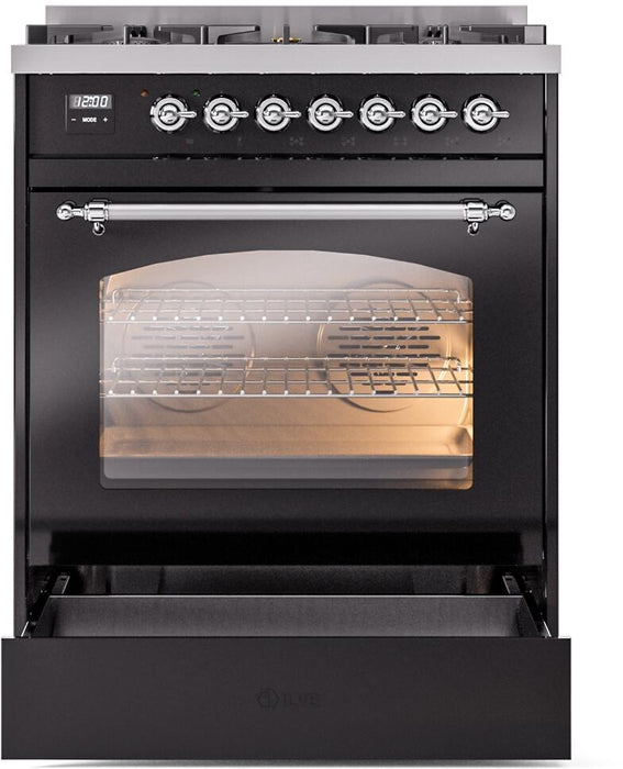 ILVE Nostalgie II 30" Dual Fuel Liquid Propane Range, Glossy Black, Chrome Trim ILVE UP30NMPBKCLP