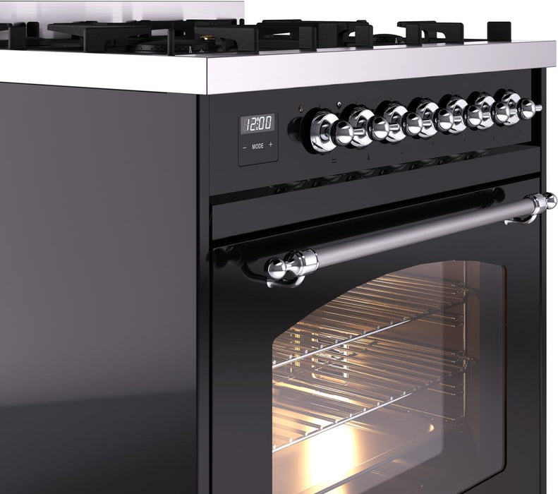 ILVE Nostalgie II 30" Dual Fuel Natural Gas Range, Glossy Black, Chrome Trim ILVE UP30NMPBKC