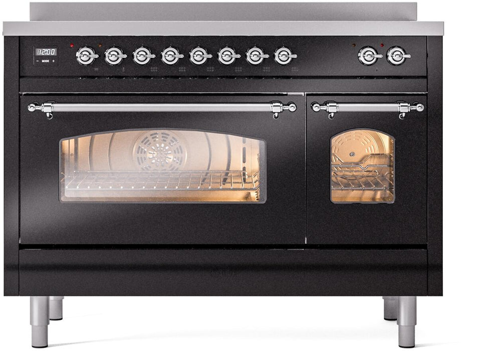 ILVE Nostalgie II 48" Electric Range, Glossy Black, Chrome Trim UPI486NMPBKC
