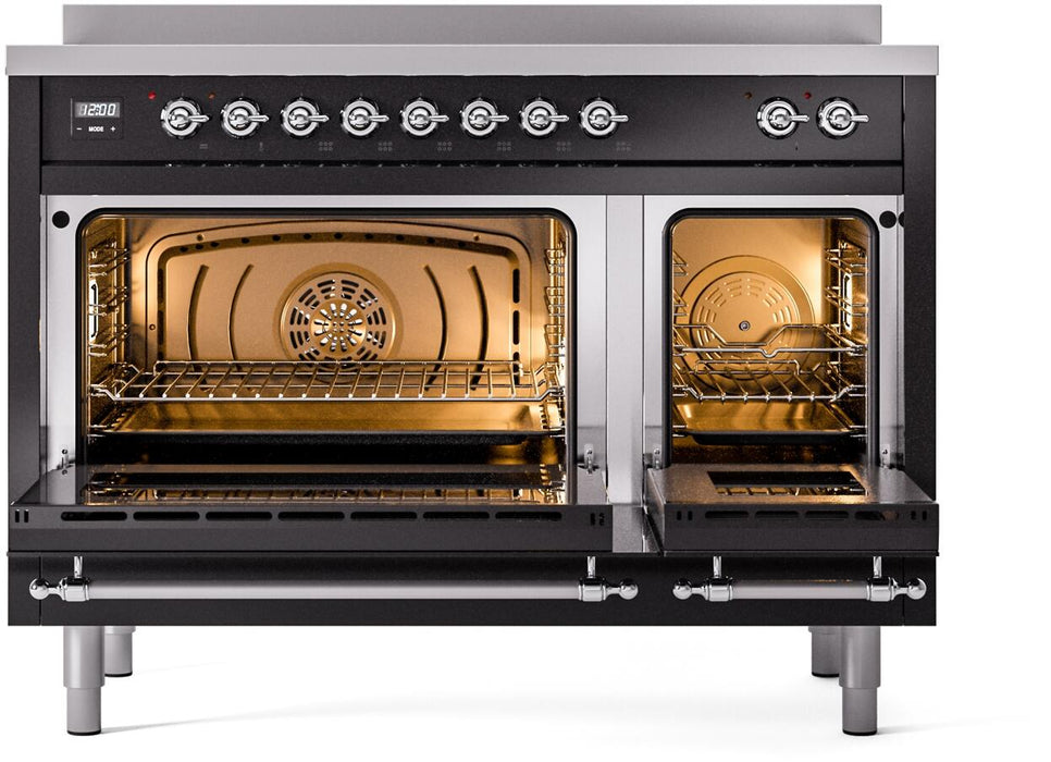 ILVE Nostalgie II 48" Electric Range, Glossy Black, Chrome Trim UPI486NMPBKC