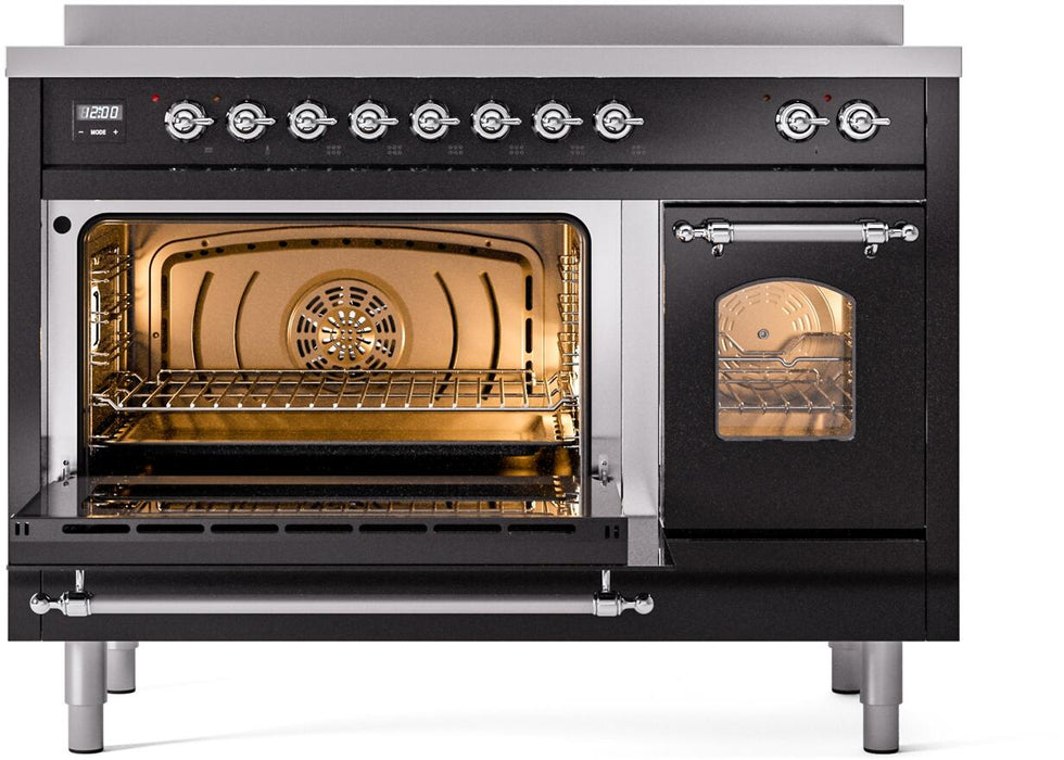 ILVE Nostalgie II 48" Electric Range, Glossy Black, Chrome Trim UPI486NMPBKC