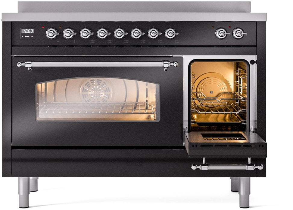ILVE Nostalgie II 48" Electric Range, Glossy Black, Chrome Trim UPI486NMPBKC